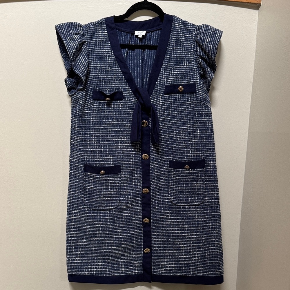 Navy Textured Tie-Front Shift Dress